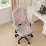 Pink chair cover with a tulip floral print shown as a desk chair slipcover, with armrest covers and size options.