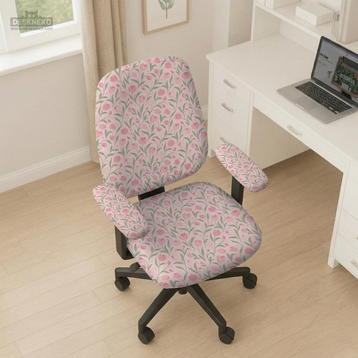 Pink floral stretch chair cover with a tulip pattern shown on a high-back gaming or office chair.
