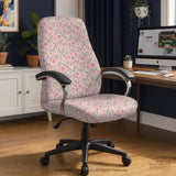 Pink floral stretch chair cover with a tulip pattern shown on a high-back gaming or office chair.