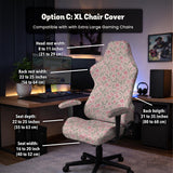 Pink chair cover with a tulip floral print shown as a desk chair slipcover, with armrest covers and size options.