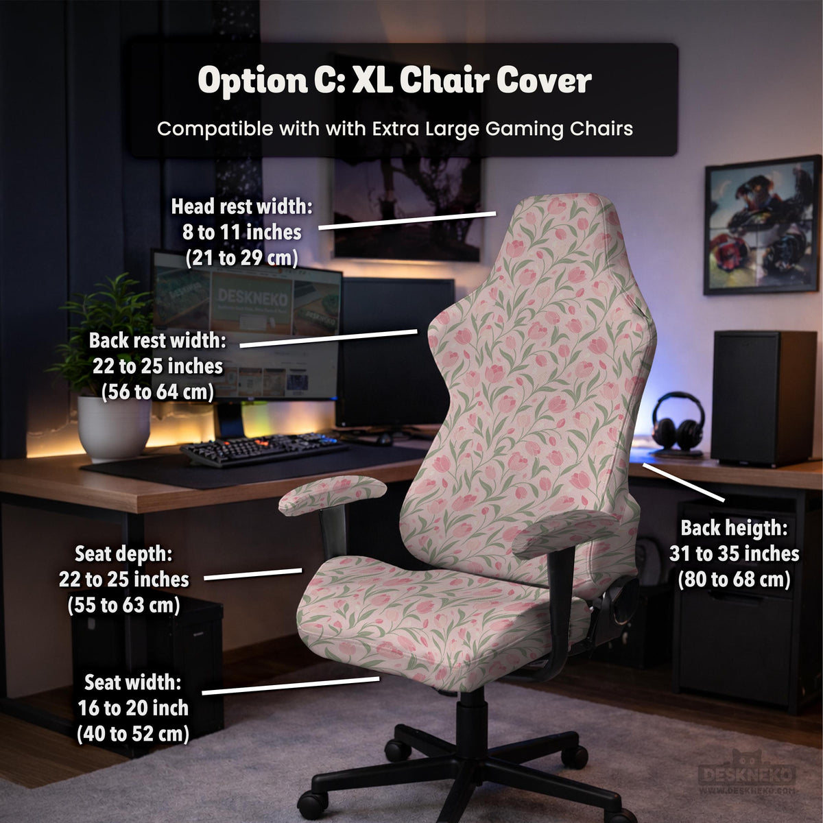 Pink floral stretch chair cover with a tulip pattern shown on a high-back gaming or office chair.