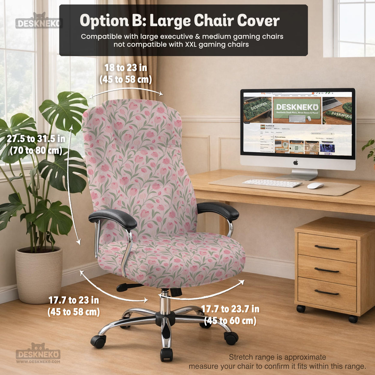Pink floral stretch chair cover with a tulip pattern shown on a high-back gaming or office chair.