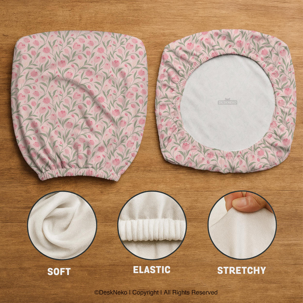 Pink floral stretch chair cover with a tulip pattern shown on a high-back gaming or office chair.