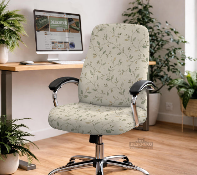An ivory chair cover set with a subtle vine pattern shown on a black gaming chair, including cover options for the chair back, seat, and armrests.