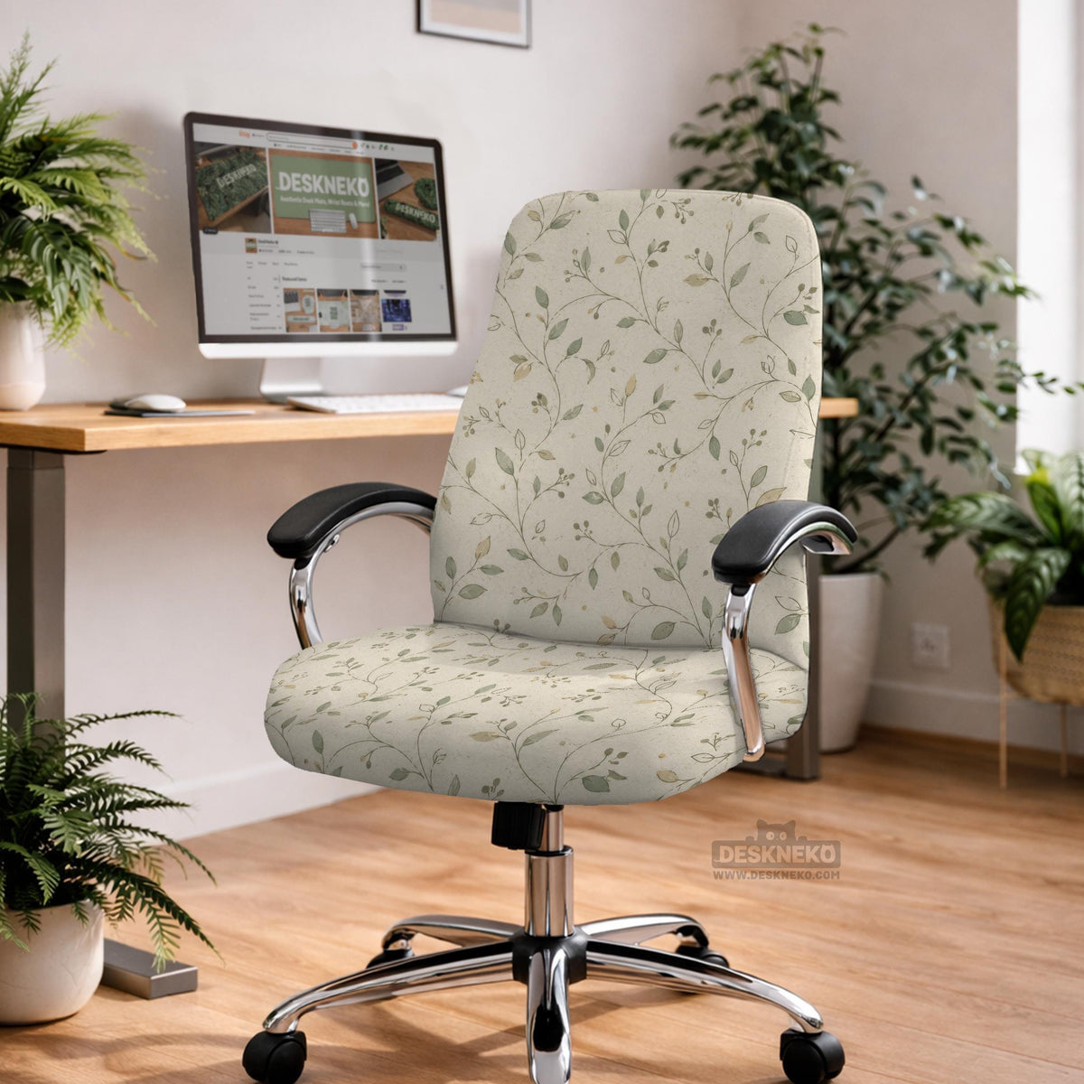 An ivory chair cover set with a subtle vine pattern shown on a black gaming chair, including cover options for the chair back, seat, and armrests.