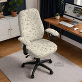 An ivory chair cover set with a subtle vine pattern shown on a black gaming chair, including cover options for the chair back, seat, and armrests.