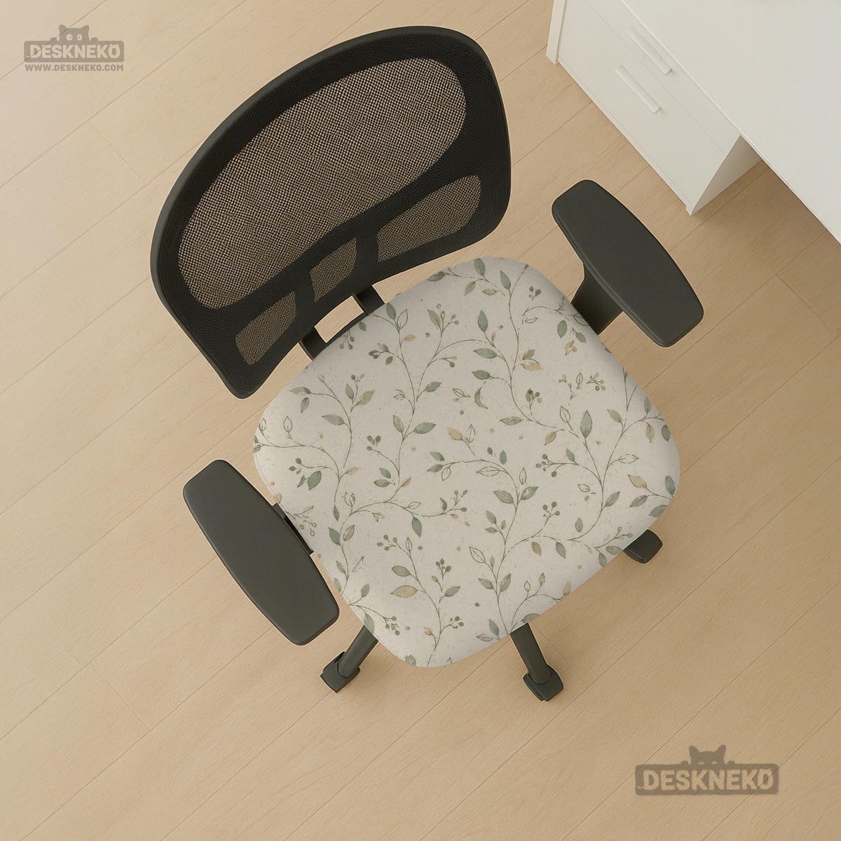 An ivory chair cover set with a subtle vine pattern shown on a black gaming chair, including cover options for the chair back, seat, and armrests.