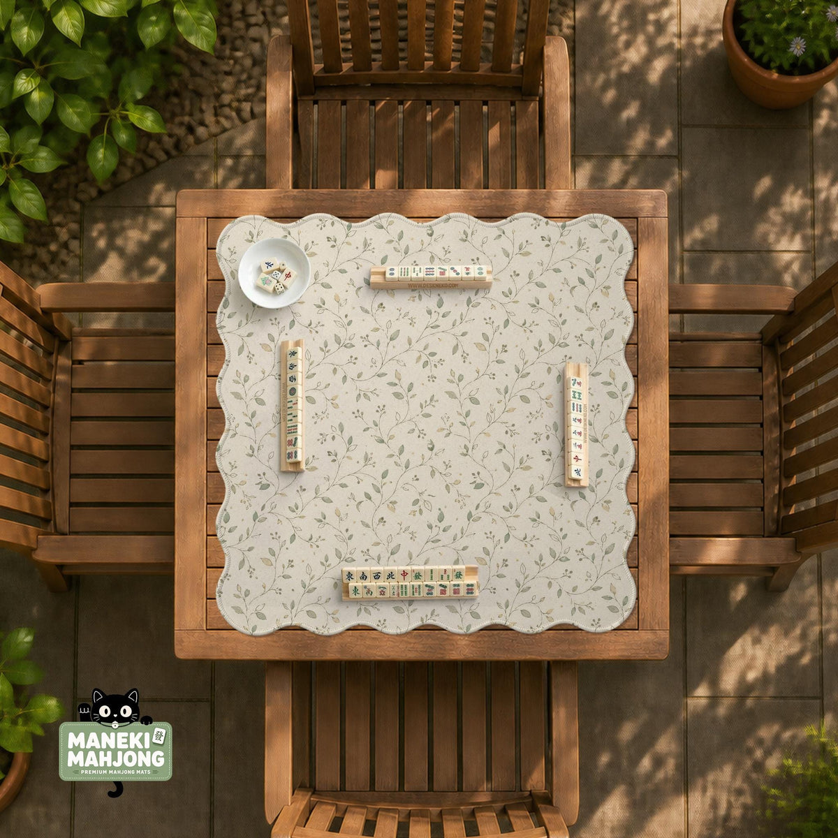 Sage green mahjong mat with vine and botanical artwork in cream neutral tones, shown in a cottagecore style with a tablecloth-style format.