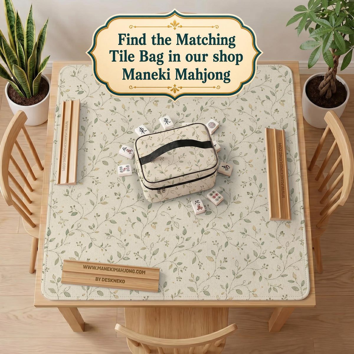 Cream square mahjong mat with a sage vine and leaf botanical pattern and scalloped edges.