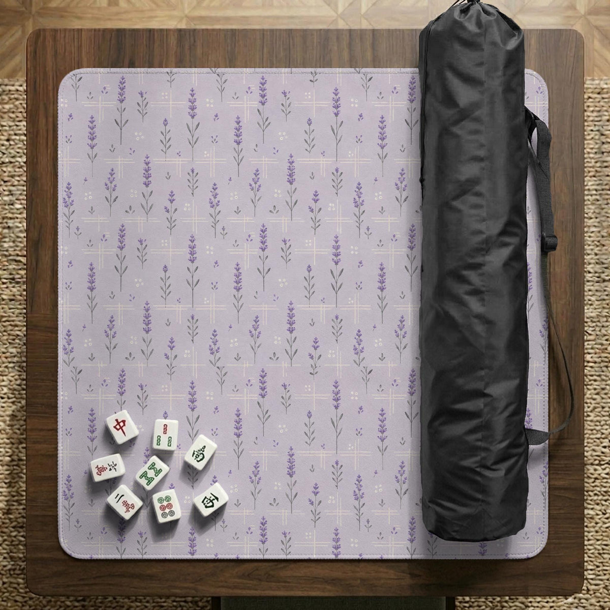 Lavender mahjong mat with a pale purple background, small botanical sprigs, and fine grid lines.