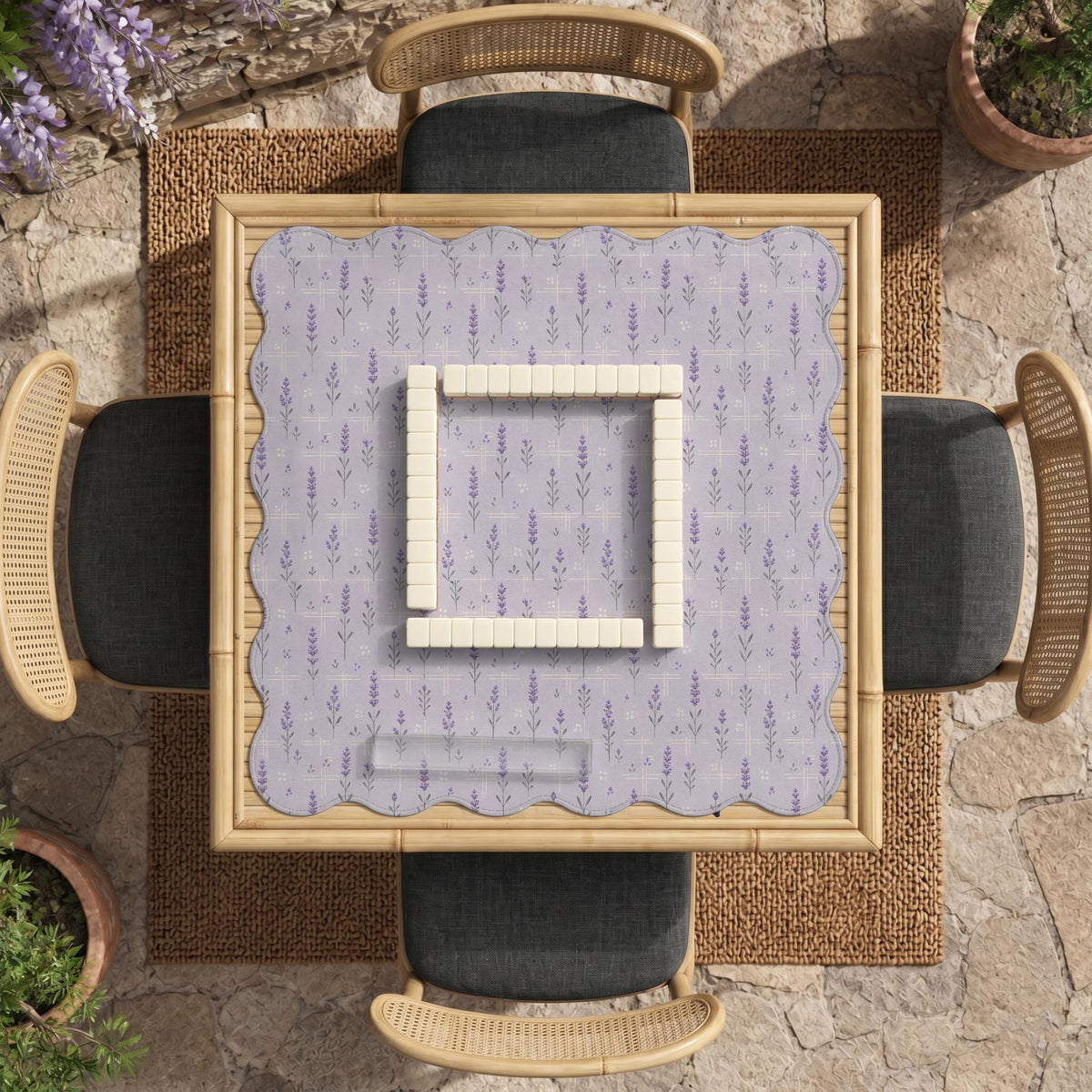 Lavender mahjong mat with a pale purple background, small botanical sprigs, and fine grid lines.