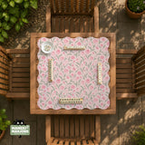 Pink mahjong mat with a botanical tulip floral pattern in blush tones, shown in a tablecloth-style square layout.