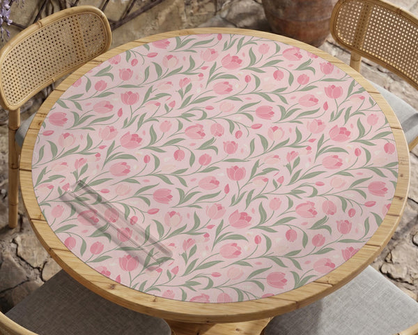 Pink mahjong mat with a botanical tulip floral pattern in blush tones, shown in a tablecloth-style square layout.