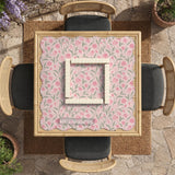 Pink mahjong mat with a botanical tulip floral pattern in blush tones, shown in a tablecloth-style square layout.