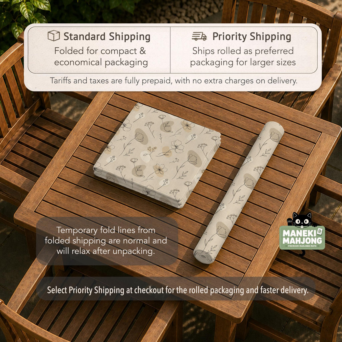 Neutral floral mahjong mat with delicate botanical line art and a scalloped edge on a cream background.