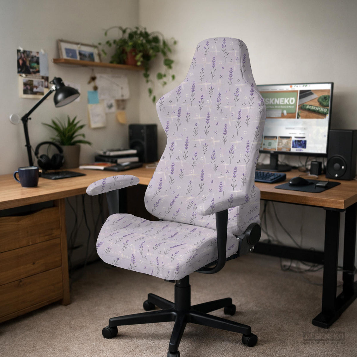 Lavender floral office chair cover with a light neutral background and small purple flower pattern.