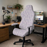 Lavender floral office chair cover with a light neutral background and small purple flower pattern.
