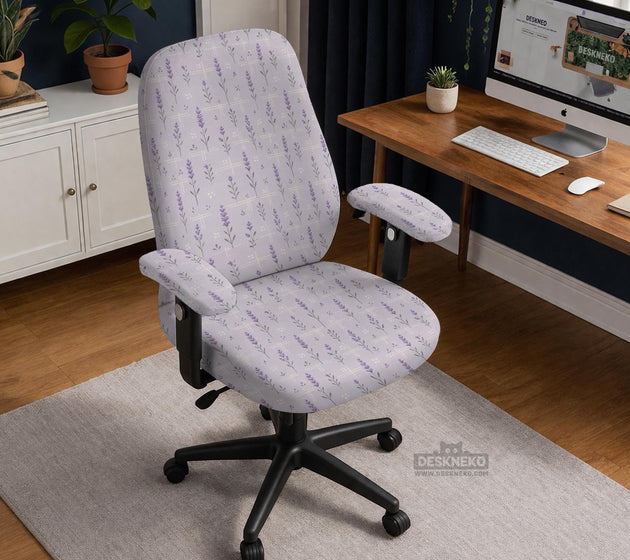 Lavender floral office chair cover with a light neutral background and small purple flower pattern.