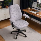 Lavender floral office chair cover with a light neutral background and small purple flower pattern.