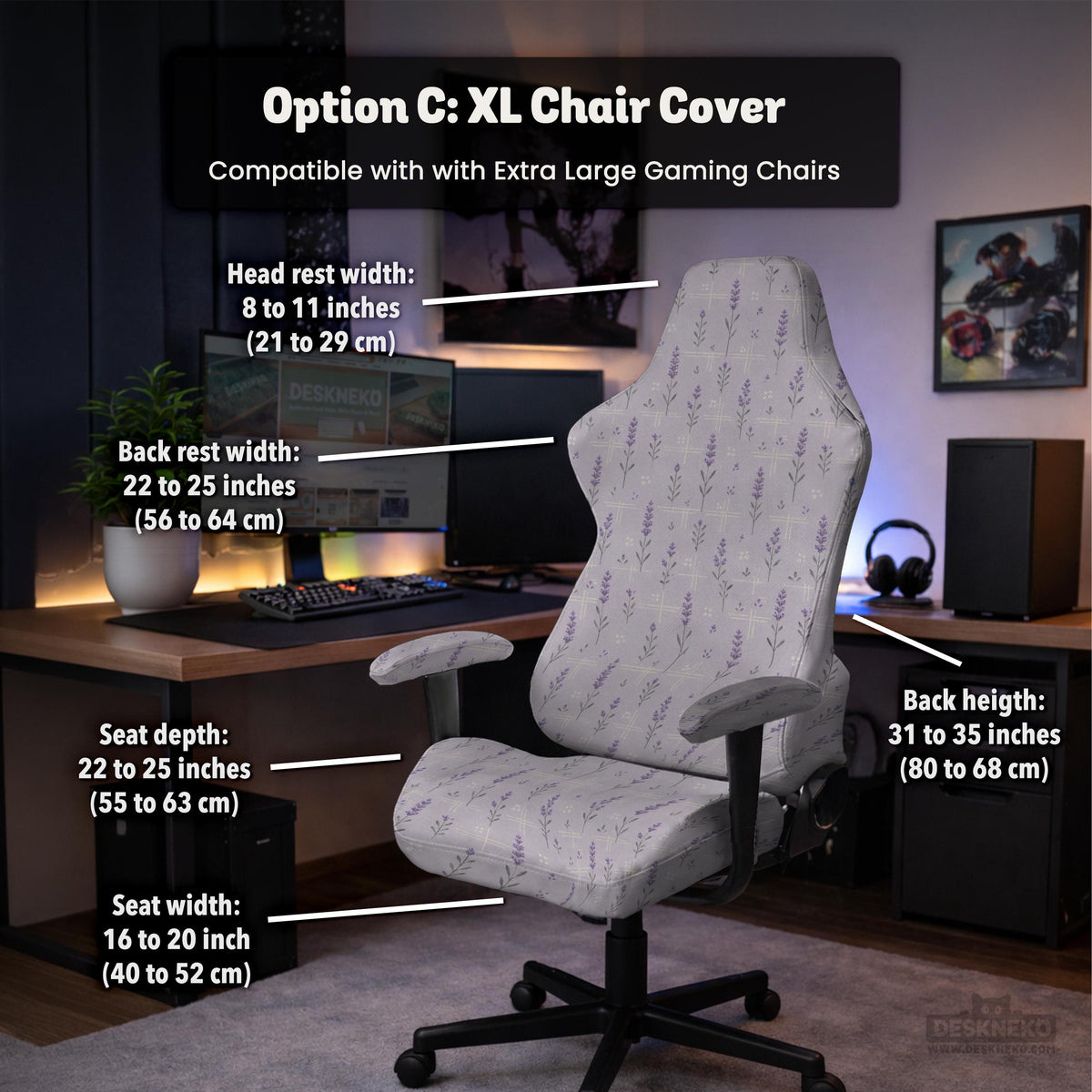 Lavender floral office chair cover with a light neutral background and small purple flower pattern.