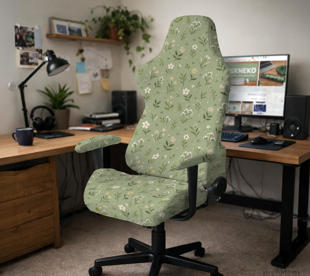 Sage green chair cover with a small floral print shown on a desk chair with a high back.