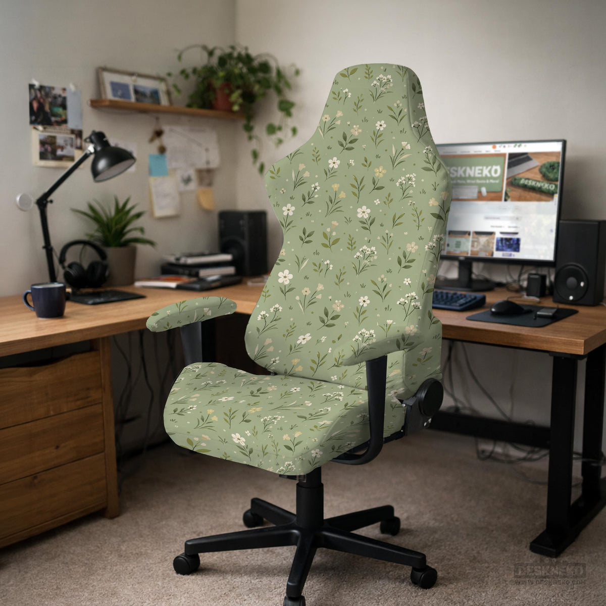 Sage green chair cover with a small floral print shown on a desk chair with a high back.
