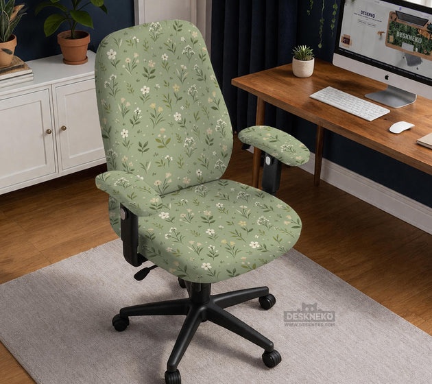 Green chair cover with a sage floral botanical print shown on a high-back gaming chair and office chair.