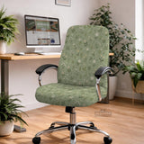 Sage green chair cover with a small floral print shown on a desk chair with a high back.