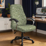 Green chair cover with a sage floral botanical print shown on a high-back gaming chair and office chair.