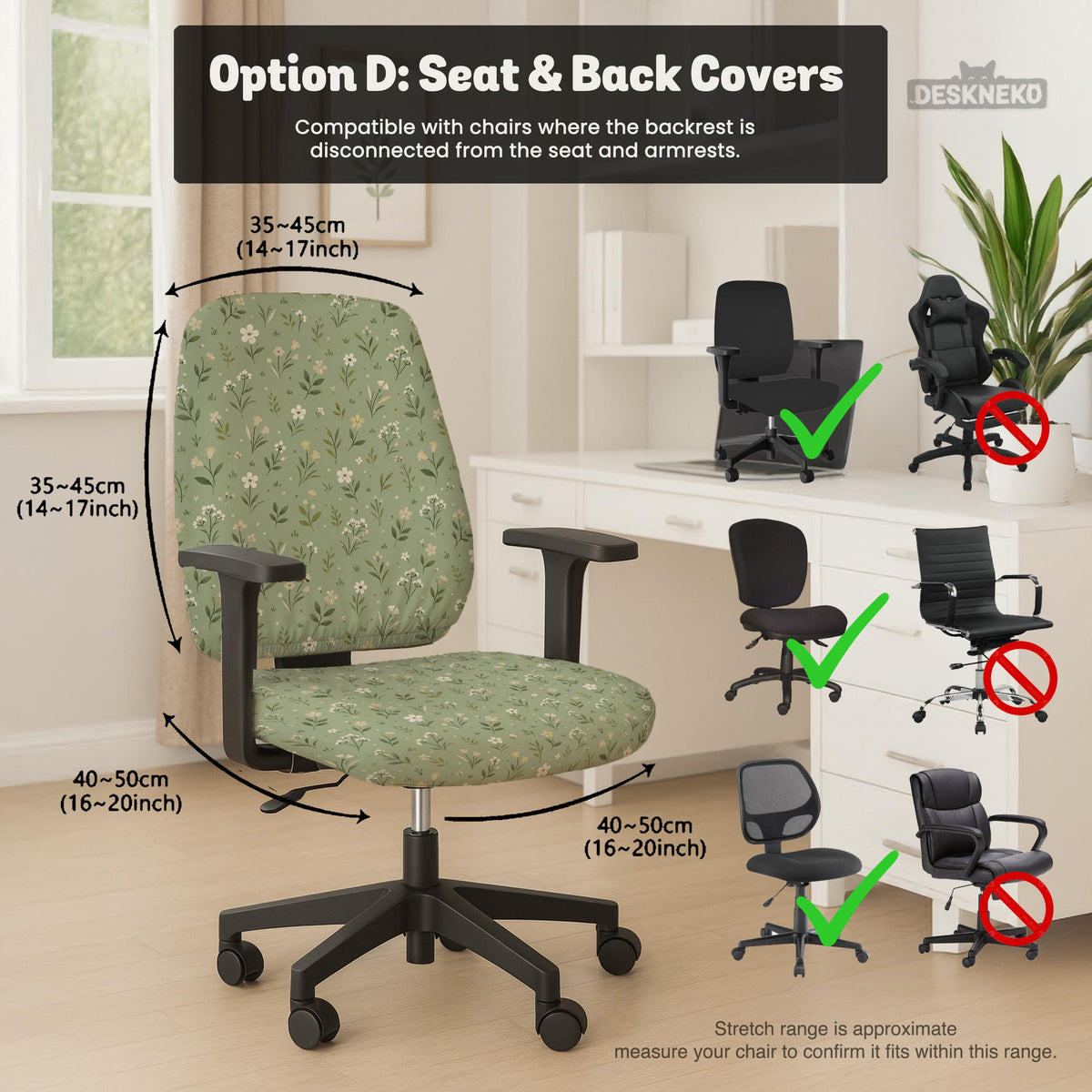 Sage green chair cover with a small floral print shown on a desk chair with a high back.