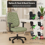 Sage green chair cover with a small floral print shown on a desk chair with a high back.