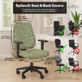 Green chair cover with a sage floral botanical print shown on a high-back gaming chair and office chair.