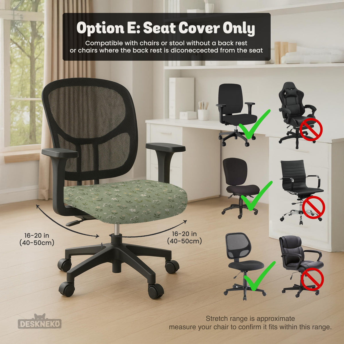 Sage green chair cover with a small floral print shown on a desk chair with a high back.