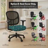 A blue green chair cover with a peacock feather design shown on an office chair with armrests.