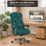 A blue green chair cover with a peacock feather design shown on an office chair with armrests.