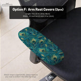 A blue green chair cover with a peacock feather design shown on an office chair with armrests.