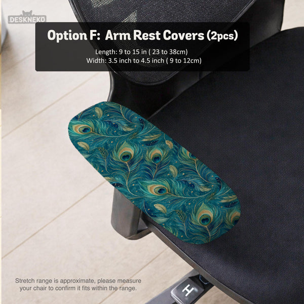 Blue green chair cover with a peacock feather pattern shown on an office chair, with fitted stretch fabric and armrest coverage visible in the listing image.