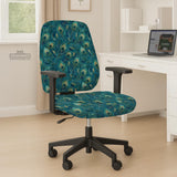 A blue green chair cover with a peacock feather design shown on an office chair with armrests.