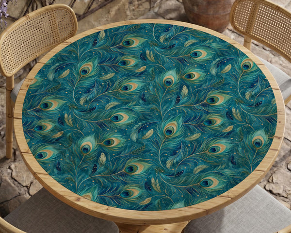 Teal mahjong mat with a peacock feather pattern in blue green tones.