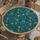 Teal mahjong mat with a peacock feather pattern in blue green tones.