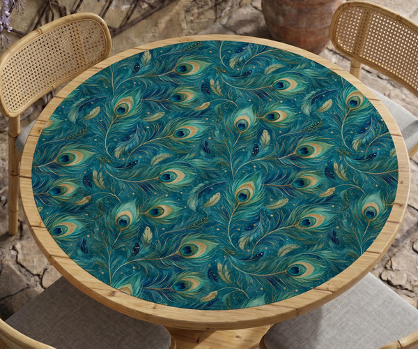 A teal mahjong mat with a peacock feather pattern and scalloped edges.