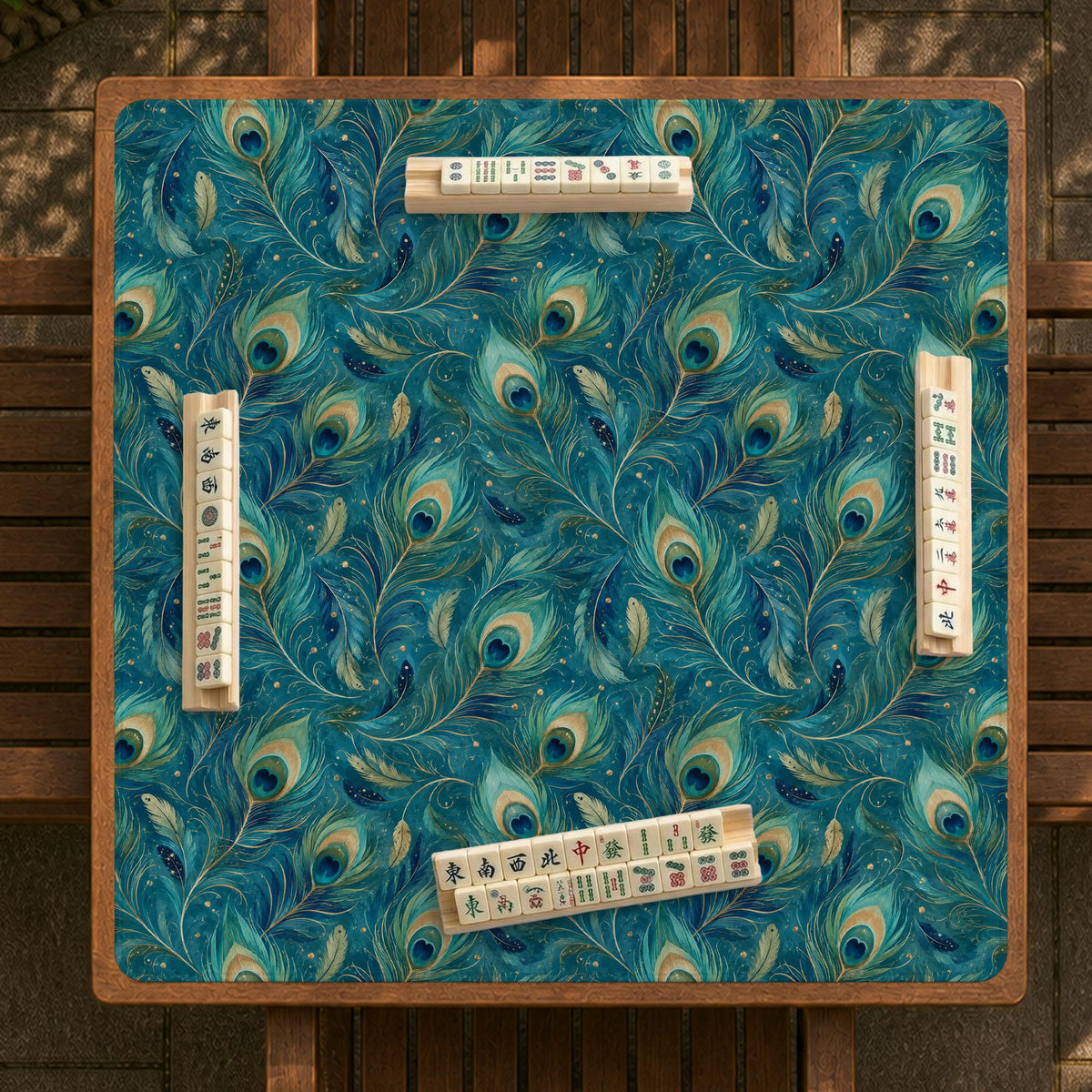 Teal mahjong mat with a peacock feather pattern in blue green tones.