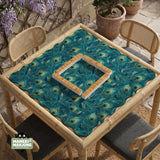 Teal mahjong mat with a peacock feather pattern in blue green tones.