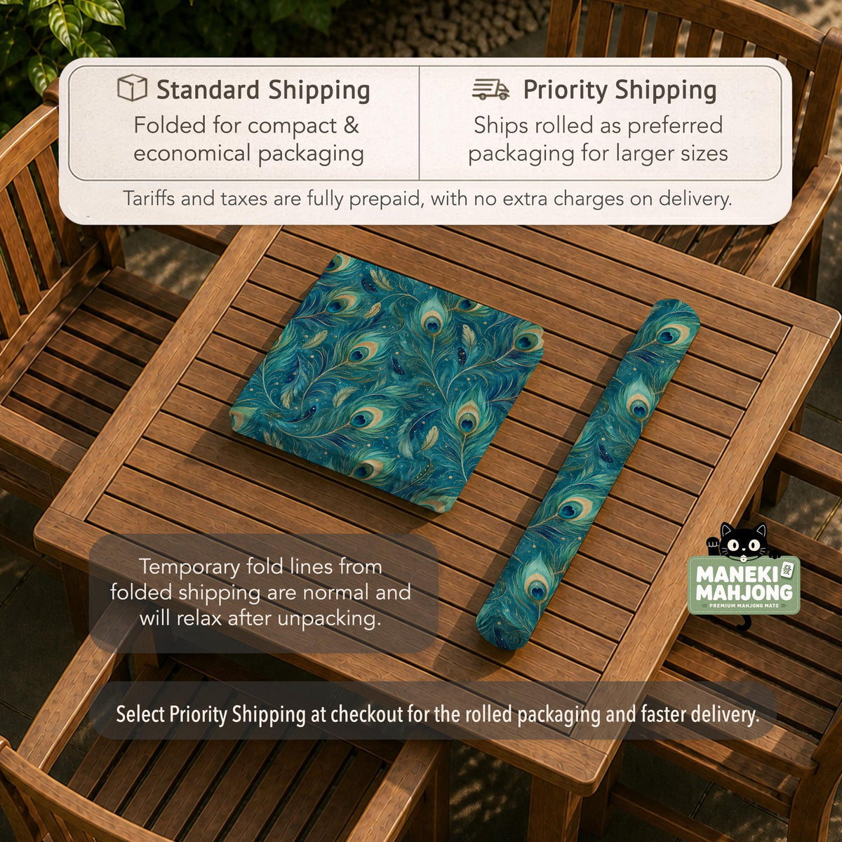 Teal mahjong mat with a peacock feather pattern in blue green tones.