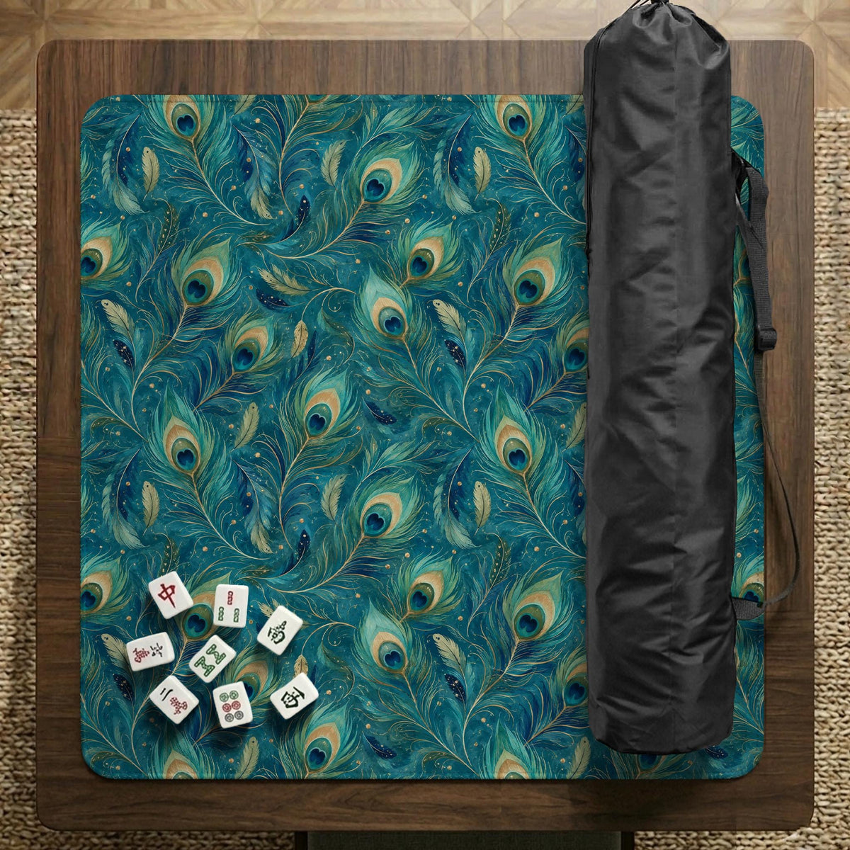Teal mahjong mat with a peacock feather pattern in blue green tones.
