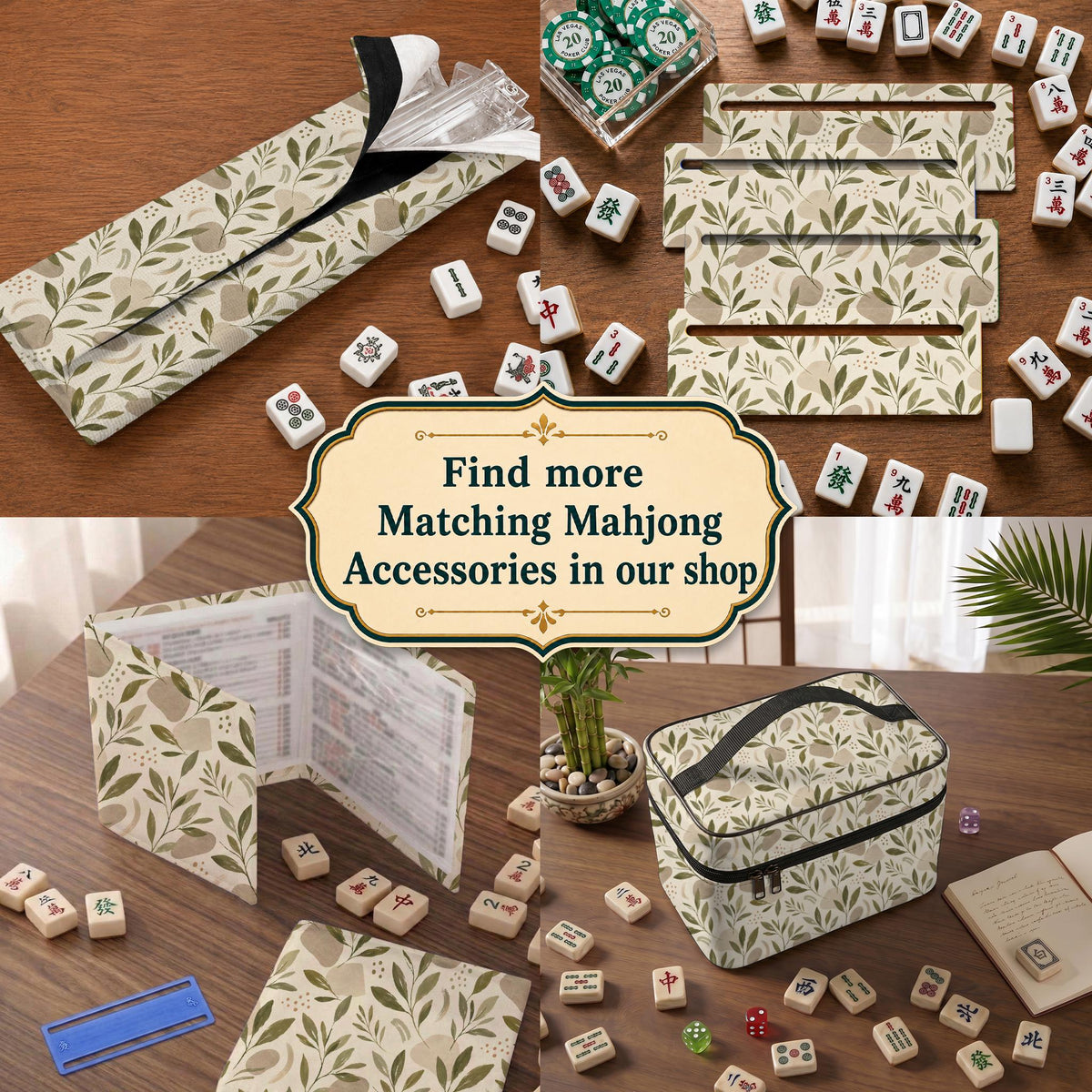 Green botanical mahjong mat with sage leaf and floral design and a scalloped edge.