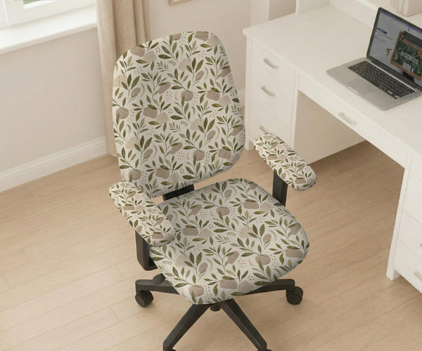 Sage and cream leaf print chair covers shown as full chair cover, back and seat cover, seat cover, and armrest covers for a high back desk chair.