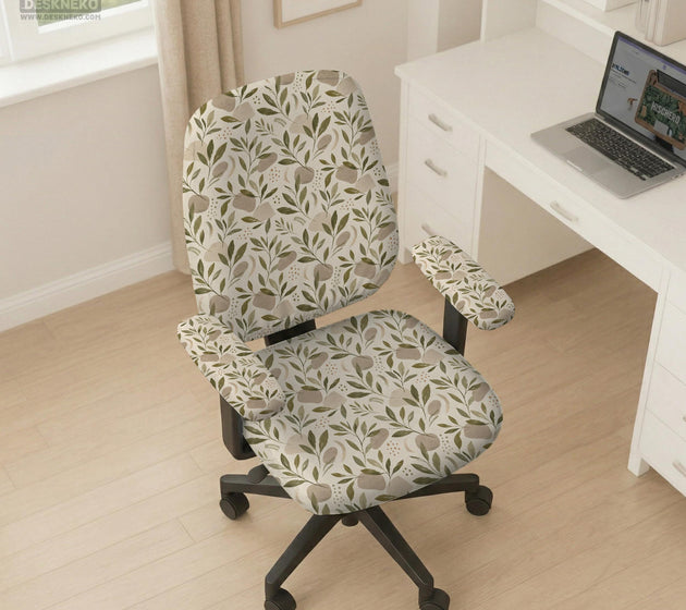 Sage and cream leaf print chair covers shown as full chair cover, back and seat cover, seat cover, and armrest covers for a high back desk chair.