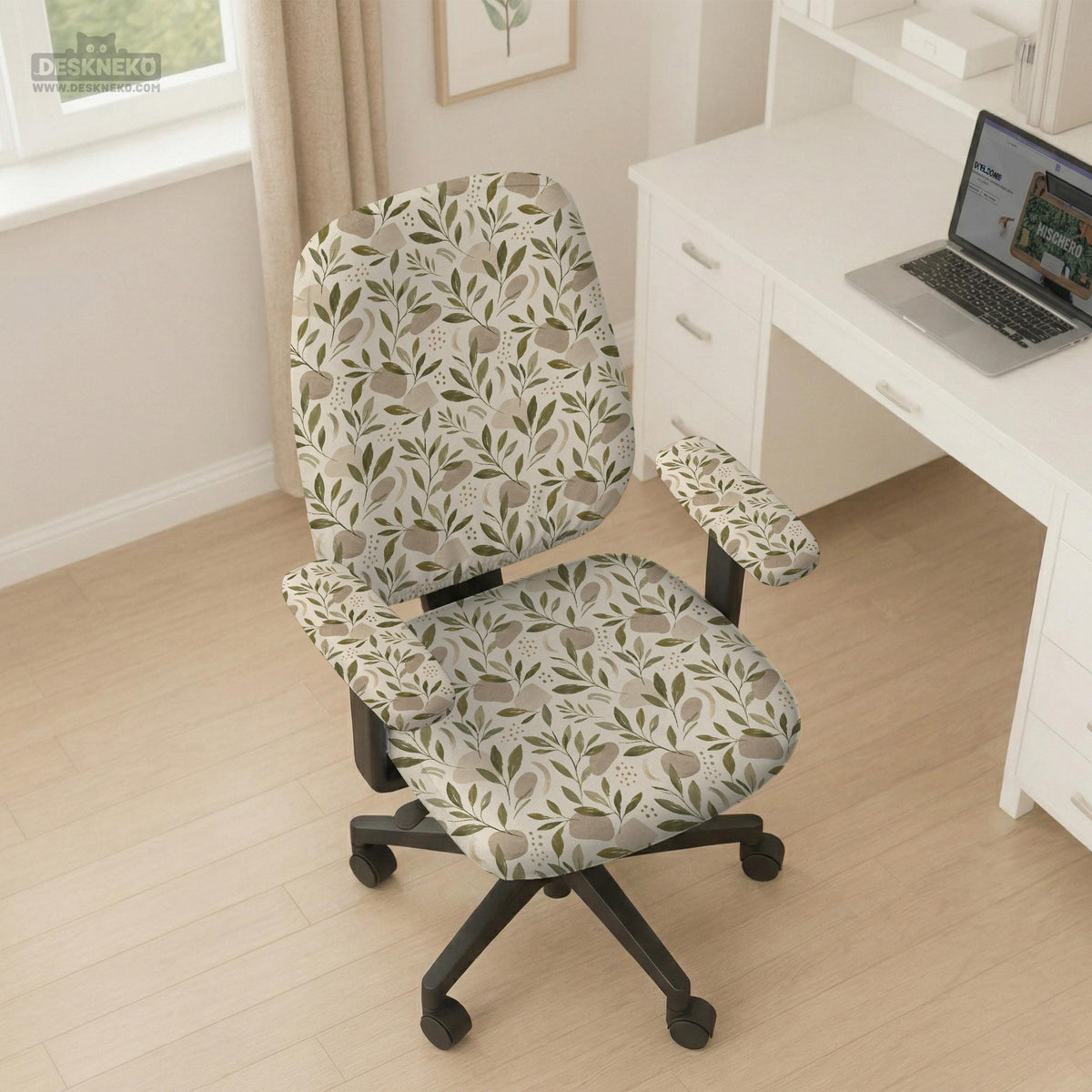 Sage and cream leaf print chair covers shown as full chair cover, back and seat cover, seat cover, and armrest covers for a high back desk chair.