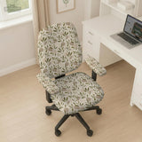 Sage and cream leaf print chair covers shown as full chair cover, back and seat cover, seat cover, and armrest covers for a high back desk chair.